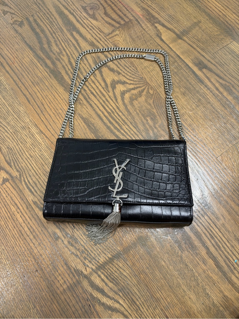 Saint Laurent Black Croc-Embossed Tassel Chain Crossbody Bag